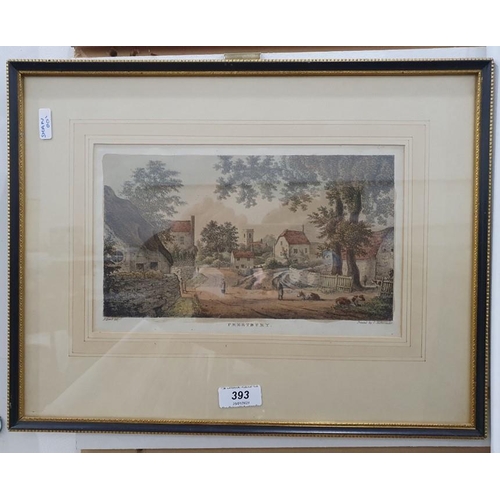 393 - Coloured engraving
 Village of Prestbury, 16.5cm x 25cm 
 Colour print
 HMS Pique (2)