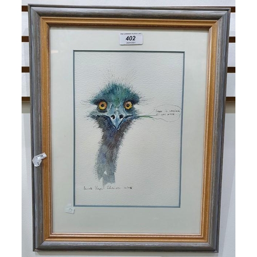 402 - Renate Leyer-Schairer (21st century) 
 Watercolour and pen 
 Ostrich, signed and dated 10/95, 25cm x... 