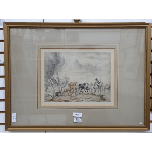 407 - Unattributed (19th century school)
 Watercolour 
 Burning village with villagers fleeing across a ri... 