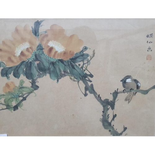 409 - Three Chinese watercolour studies of birds and insects amongst blossom, with inscriptions to the rig... 