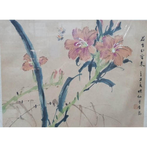 409 - Three Chinese watercolour studies of birds and insects amongst blossom, with inscriptions to the rig... 