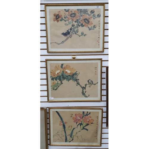 409 - Three Chinese watercolour studies of birds and insects amongst blossom, with inscriptions to the rig... 