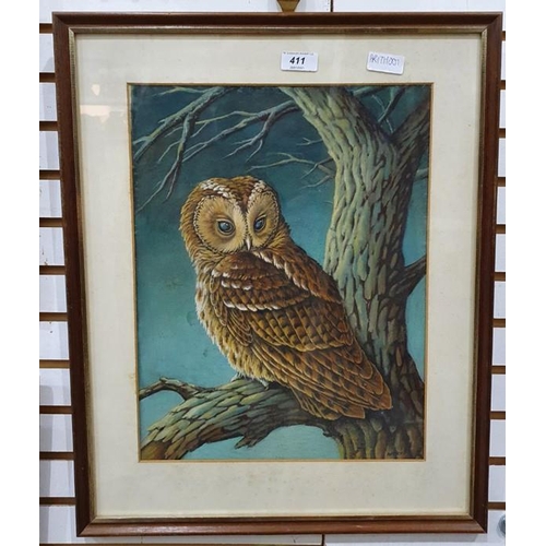 411 - Avery (20th century school)
 Watercolour
 Study of an owl sitting on branch, signed lower right, 38c... 