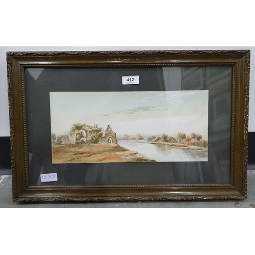 412 - 19th century school 
 Watercolour 
 Study of ruin by a river, unsigned, 50.5cm x 33.5cm