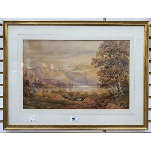 416 - Circle of John Varley
 Watercolour 
 Lake scene with figure on horseback, unsigned, 38cm x 43cm 
 T ... 