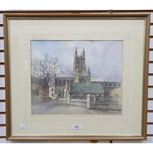 417 - Donald H Edwards (late 20th century school) 
 Watercolours 
 View of Gloucester Cathedral, signed lo... 