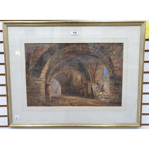 419 - 19th century school
 Watercolour 
 View of Gloucester Cathedral crypt with postcard of same view ver... 