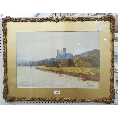 440 - Vernon Allen (19th century school)
 Watercolours
 Fishermen with cathedral in background, signed low... 