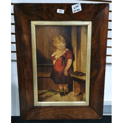 452 - 19th century school 
 Oil on panel 
 Child in red dress, unsigned, 43cm x 28cm