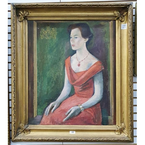 455 - English school 
 Oil on panel 
 Three quarter length portrait of lady in red dress, indistinctly sig... 