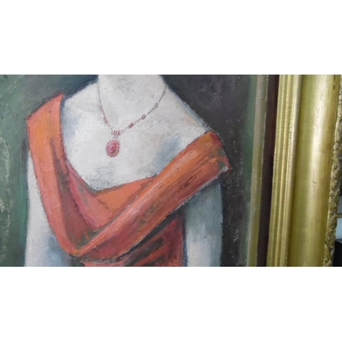 455 - English school 
 Oil on panel 
 Three quarter length portrait of lady in red dress, indistinctly sig... 