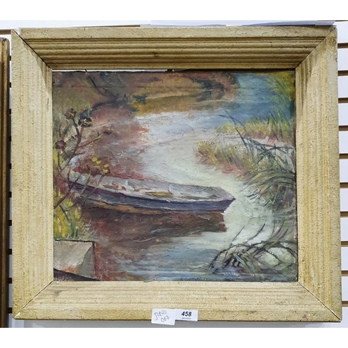 458 - 20th century school 
 Oil on canvas
 Rowing boat on riverside
 Unsigned;
 And a modern painted print... 