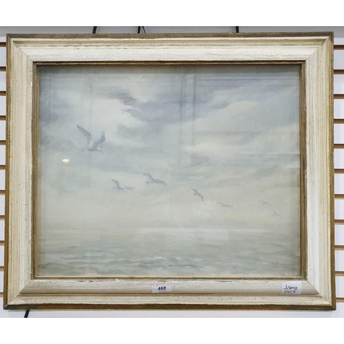 468 - 20th century school 
 Oil on canvas board
 Seagulls in flight over calm ocean, unsigned, 39.5 x 49.5... 