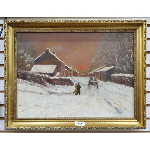 472 - MS (early 20th century)
 Oil on board
 Village snow scene with horse and cart, initialled MS lower r... 