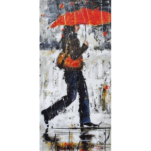 478 - (Ruby Keller )  - Peter Worswick ( b 1961 - )
 Pair oils on board
 Female figures in the rain, both ... 