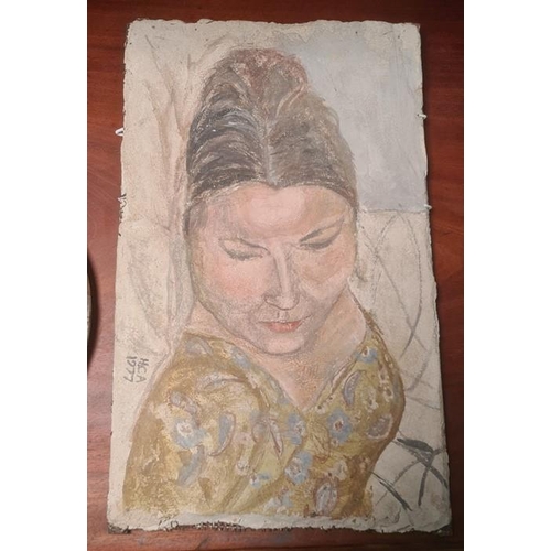 481 - 20th century school 
 Oil on plaster 
 Female studies, initialled HCA and dated 1977, painted on bot... 