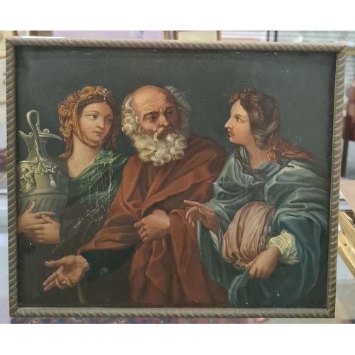 486 - Continental school
 Oil on board
 Elderly man with two maidens, one holding urn, unsigned, inscribed... 