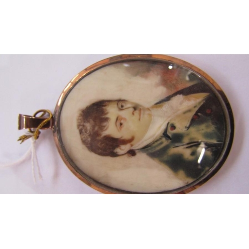 498 - Early 19th century miniature on ivory, head and shoulders portrait of gentleman, 7 cms x 5.5 cms app... 