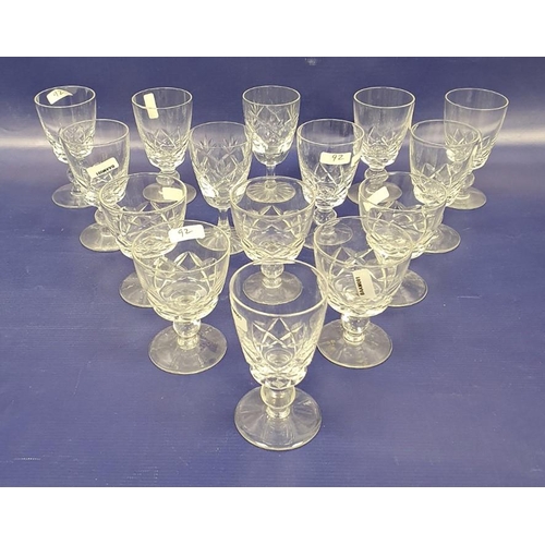 92 - Large cut glass pedestal bowl with raised lozenge decoration, quantity various cut stemmed wines, cu... 