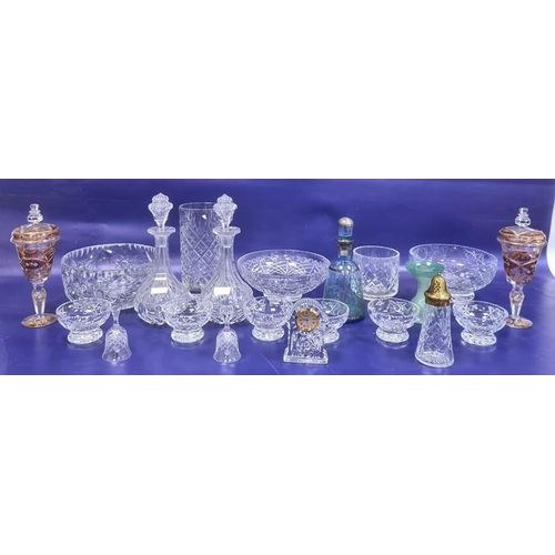 99 - Various cut glass bowls, sundae dishes, vase, decanters and coloured glass items