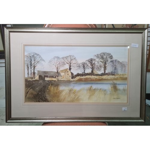 432A - G John Blockley (1921-2002)
 Watercolour drawing
 Cotswold building with stone barn beside river, si... 