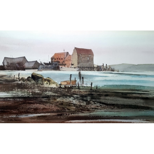 432B - G John Blockley (1921-2002)
 Watercolour drawing
 Coastal scene, beached rowing boat and buildings, ... 