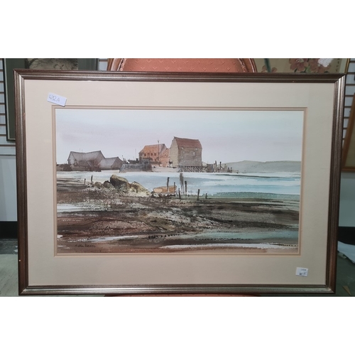 432B - G John Blockley (1921-2002)
 Watercolour drawing
 Coastal scene, beached rowing boat and buildings, ... 