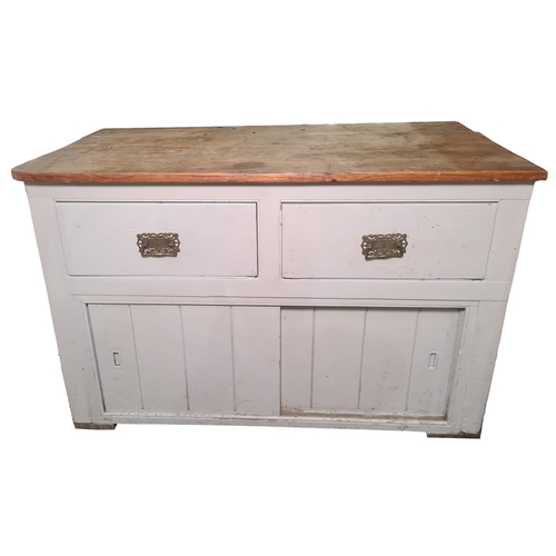 1026 - Vintage pine-topped dresser base with two painted drawers above two sliding doors, 124cm wide x 81cm