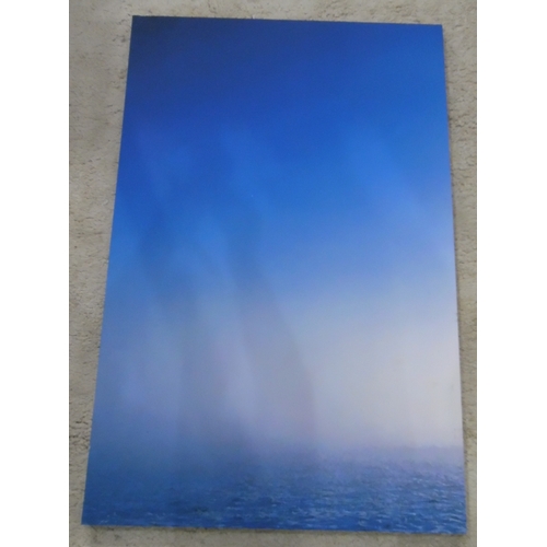 375B - Two Modern Prints on Canvass, one in two parts of tree in misty sunrise, the other a sea and skyscap... 