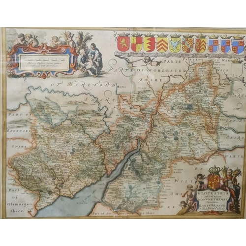 113 - Jan Jansson, coloured map of Gloucestershire, with cartouche bottom right hand corner, armorial cres... 