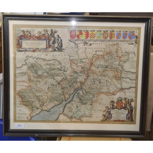 113 - Jan Jansson, coloured map of Gloucestershire, with cartouche bottom right hand corner, armorial cres... 