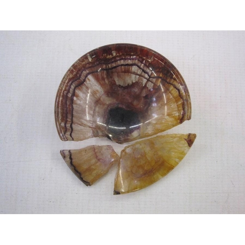 130 - Blue John shallow dish, 5.5cm in diameter approx (broken into three pieces)