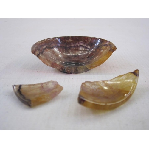 130 - Blue John shallow dish, 5.5cm in diameter approx (broken into three pieces)