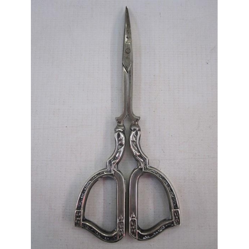 140 - Pair of German silver and enamel scissors, marked 'Batpre Germany', 'Sterling', white enamel decorat... 