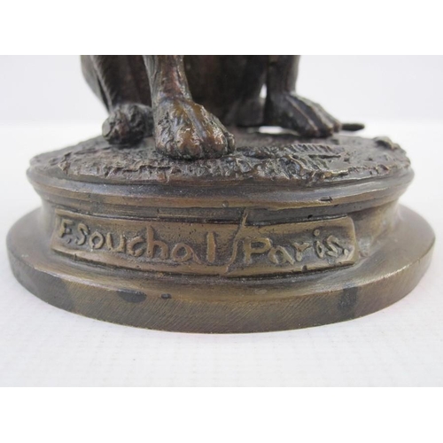 142 - Bronzed figure of a seated greyhound, on circular base, marked F Souchal Paris to base, 17cm high