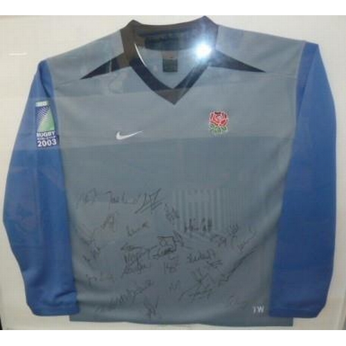 145 - England Rugby World Cup 2003 away shirt with team signatures, framed, 80cm x 90cm