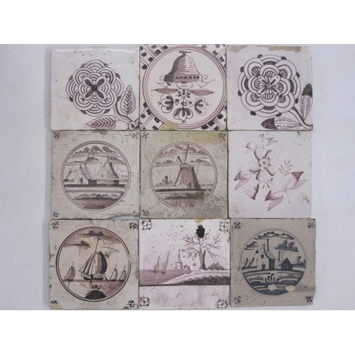 152 - 25 x 18th century hand painted Delft tiles to include buildings, windmill, boughpots, stylised flowe... 