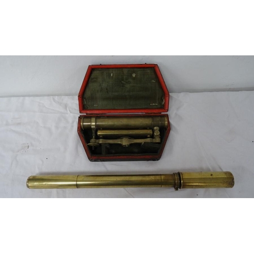 153A - Brass theodolite telescope, 9cm long, in red morocco case and a brass cylindrical sight (2)