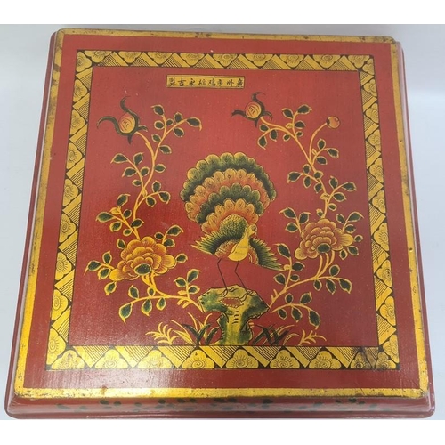 106 - Chinese lacquer dowry box and cover, square, with exotic bird on peony branches to the cover, 42cm w... 