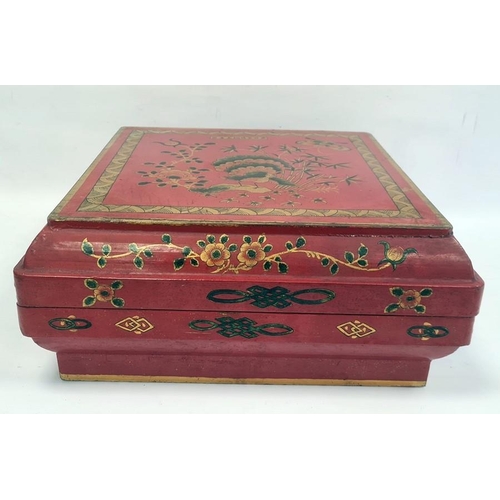 107 - Chinese lacquer dowry box and cover, square, with exotic bird on peony branches to the cover, 42cm w... 