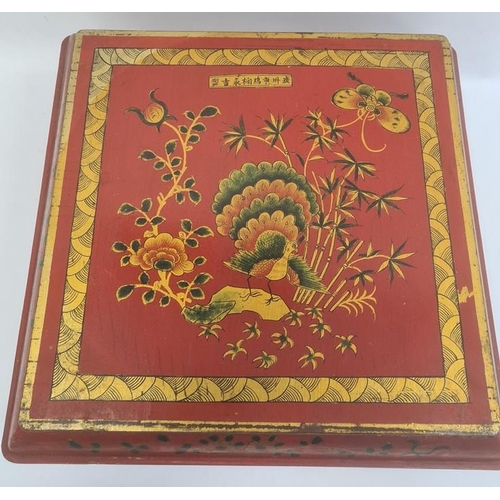 107 - Chinese lacquer dowry box and cover, square, with exotic bird on peony branches to the cover, 42cm w... 