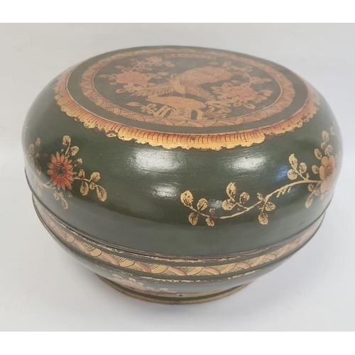 108 - Chinese lacquered wood dowry box and cover, circular, green ground with gilt floral decoration, 34cm... 