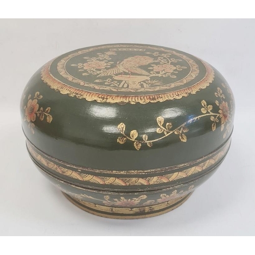 109 - Chinese lacquered wood dowry box and cover, circular, green ground with gilt floral decoration, 34cm... 