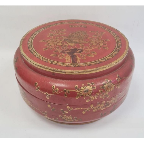 110 - Chinese lacquered wood dowry box and cover, circular, red ground with peacock and flowering branch d... 