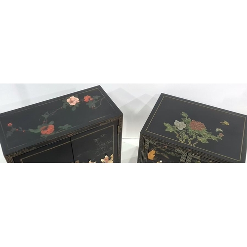 1102 - Two modern side cabinets in the Chinese taste, black ground with polished stone decoration (2)