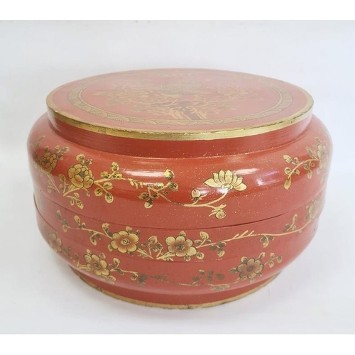 111 - Chinese lacquered wood dowry box and cover, circular, red ground with peacock and flowering branch d... 