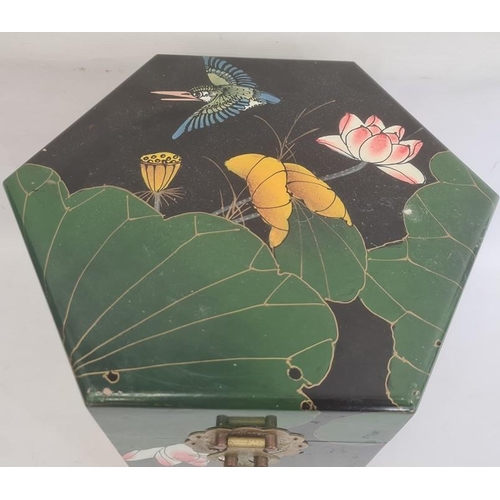 117 - Asian lacquered hexagonal box, black ground with waterlily and kingfisher decoration and brass engra... 