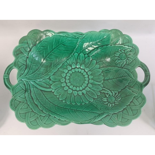 12 - Wedgwood green majolica leaf and basket pattern two-handled rectangular comport and a pair of simila... 