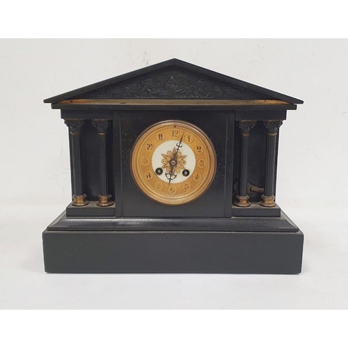 1282 - Black slate mantel clock of architectural Greek form, Arabic numerals to the dial, on plinth base, 2... 