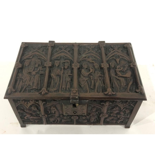 136 - Adolph Frankau & Co gothic-style metal trinket box with panels of medieval figures, in the form of a... 